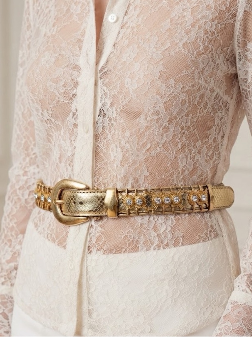 VINTAGE 80S GENUINE SNAKESKIN GOLD RHINESTONE SKINNY WAIST BELT S/M